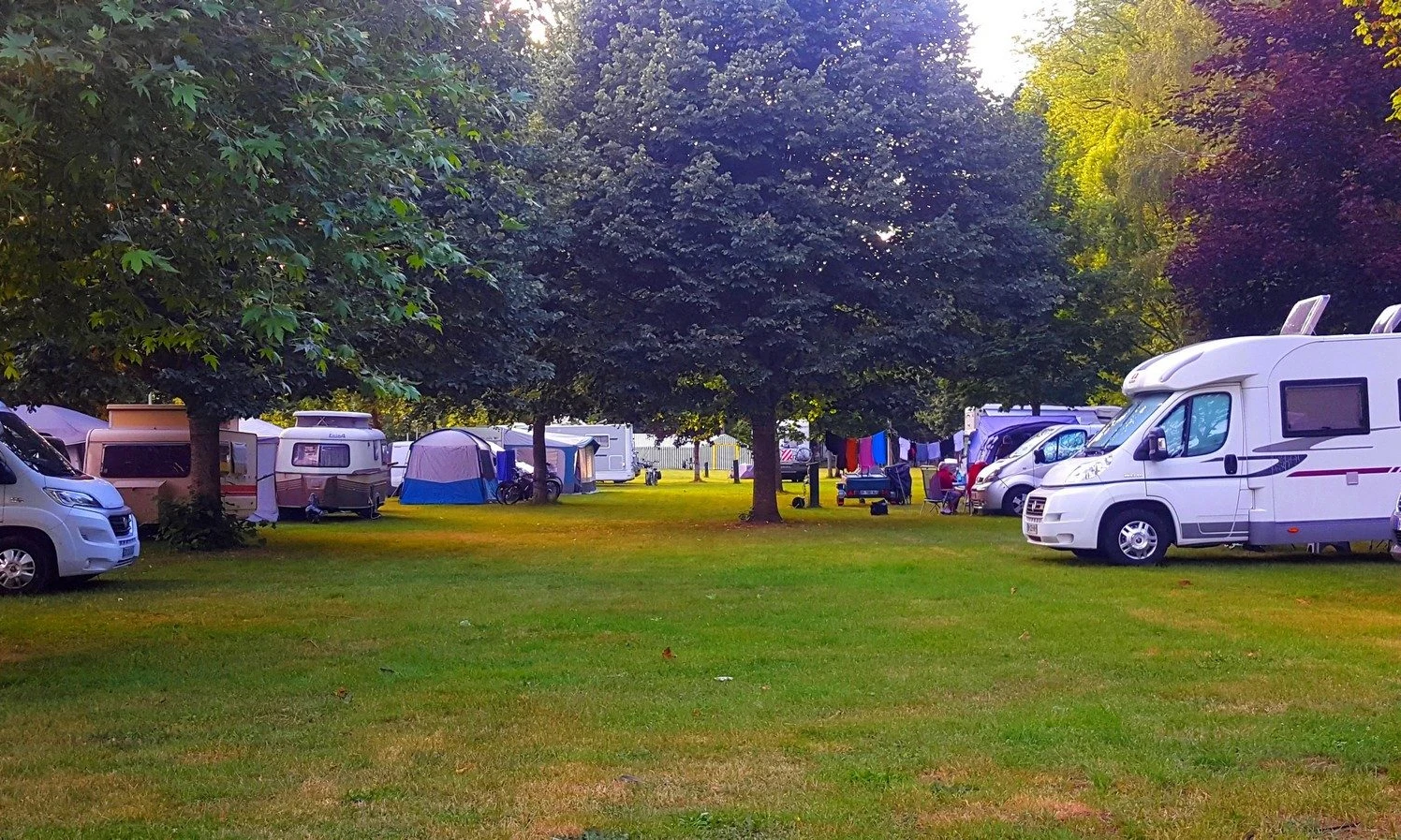 Caravans and motorhomes parked among trees, with tents and camping gear scattered on a grassy area at Seasonova Le Martinet