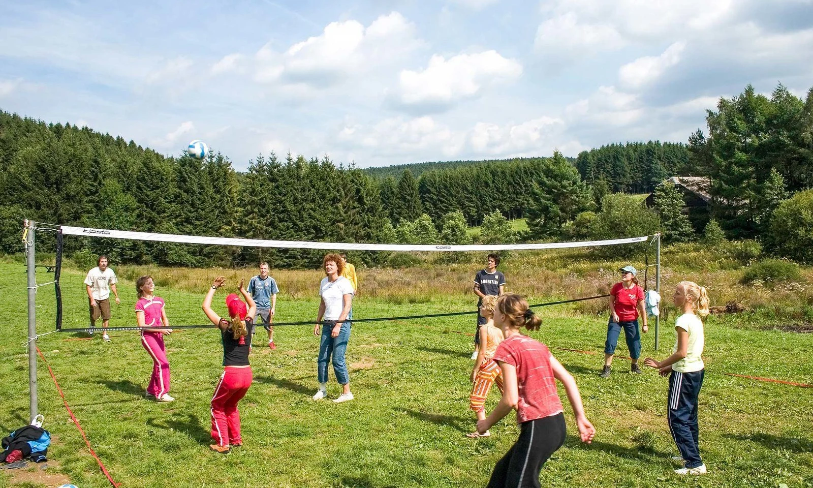 People playing volleyball on a grassy field surrounded by trees under a partly cloudy sky at Petite Suisse