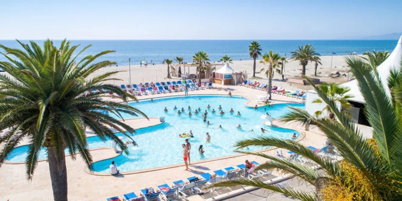 Swimmers enjoy a large beachfront pool surrounded by lounge chairs and palm trees, with the ocean in the background at Marina d'Erba Rossa