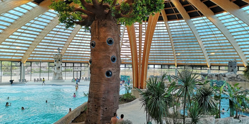 Indoor water park with a large artificial tree surrounded by people swimming in a pool, under a vaulted glass ceiling at Domaine des Ormes