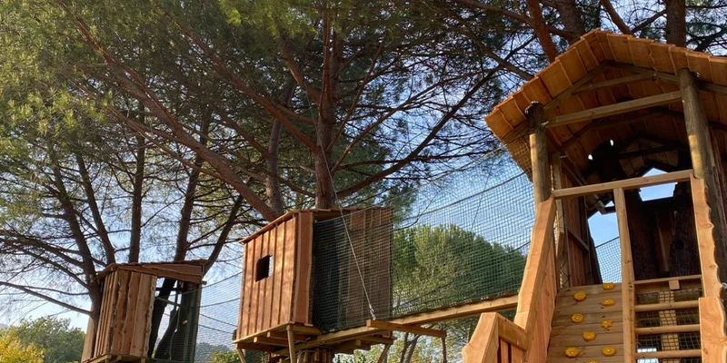 Wooden treehouse connected by a net bridge, surrounded by tall pine trees at Il Poggetto