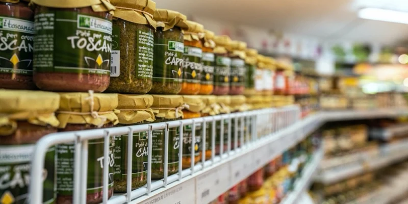 Jars of preserved food are neatly arranged on a grocery store shelf at Cieloverde