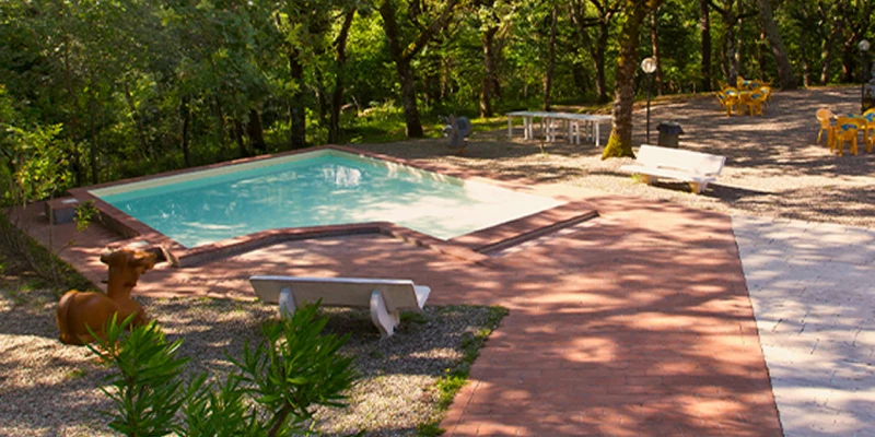 Swimming pool surrounded by trees, benches, and tables under a clear sky at Luxor Chianti Glamping Village