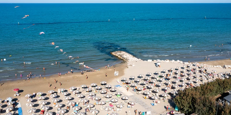 Beach umbrellas dot sandy shore, people enjoy swimming, colorful kites fly above; ocean stretches to horizon at Stork Family Camping Village