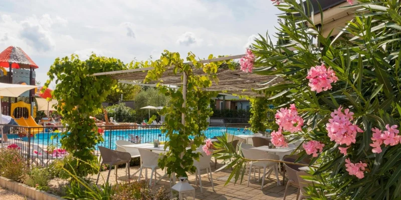 Tables with chairs shaded by vine-covered pergola, near a swimming pool, vibrant pink flowers in foreground at Vacanze Glamping Boutique