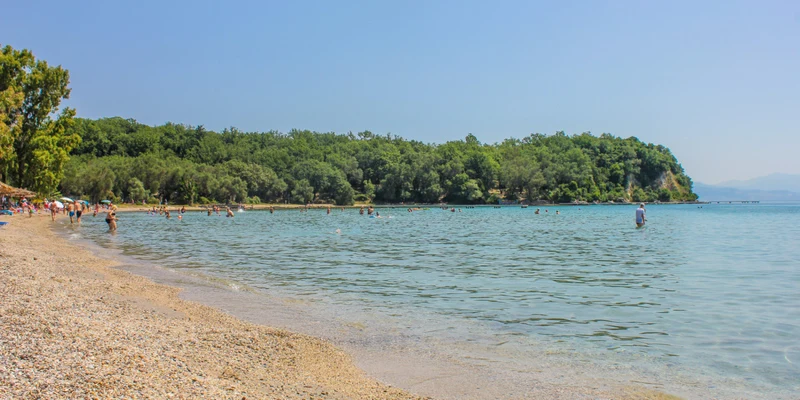 People swimming and relaxing on a beach with trees and hills in the background at Karda