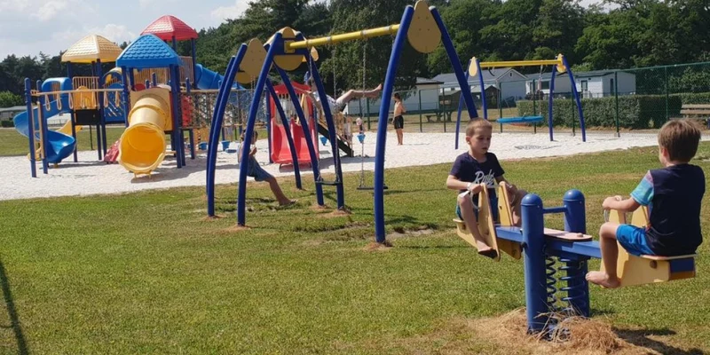 Children play on a seesaw and playground equipment in a grassy park area at Vakantiepark Breebos
