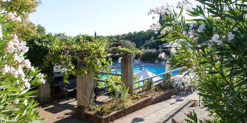 Swimming pool with lounge chairs surrounded by lush greenery, blooming flowers, and a stone pathway at Centro Vacanze Il Borgo