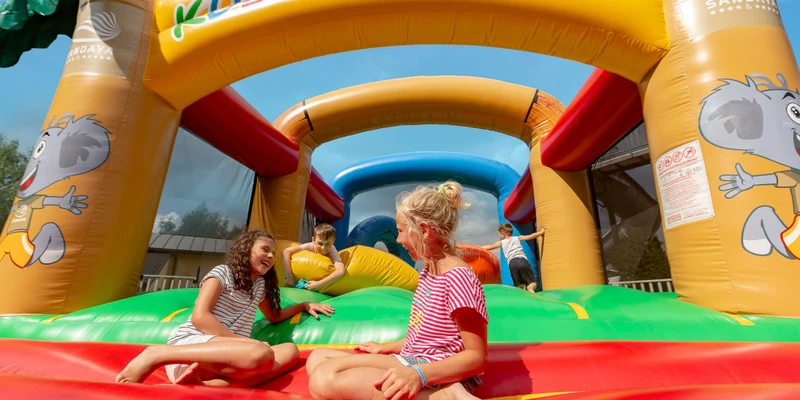 Children playing on colorful inflatable bounce house with animated koala figures, under a sunny blue sky at La Nublière