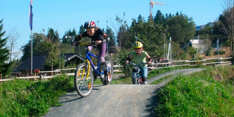 Two children biking uphill on a dirt path surrounded by greenery and trees at Landal Winterberg