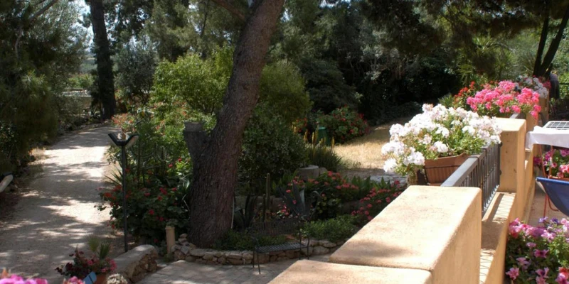 Pathway meandering through a lush garden filled with colorful flowers and trees near a terracotta wall at Duca di Castelmonte