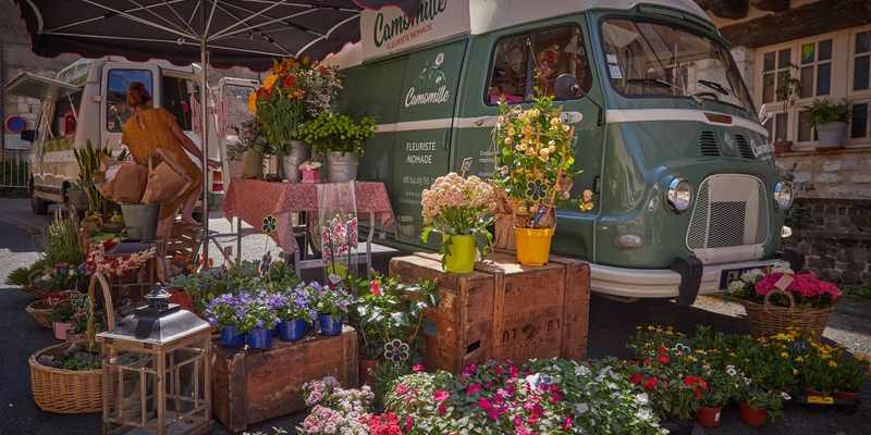 Flower vendor arranging bouquets near a vintage van under a canopy, surrounded by colorful potted plants at Le Chêne Vert