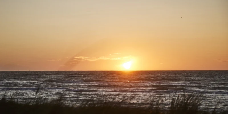 Sun setting over the ocean with waves, grasses in foreground, and an orange-tinted sky at Skiveren Camping
