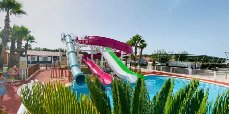 Colorful water slides extending into a swimming pool, surrounded by palm trees and greenery at Lo Monte