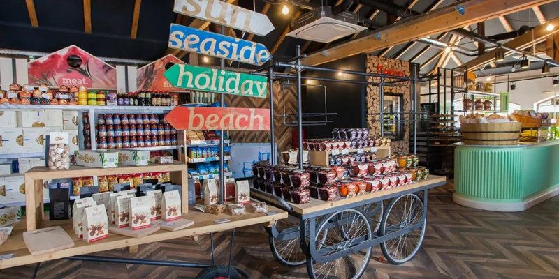Grocery display showcasing jars, snacks, and signposts inside a rustic, wood-beamed store at Amadria Park Camping Trogir