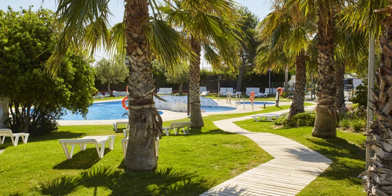 Sun loungers on grassy area, palm trees bordering a pool at Alannia Costa Dorada