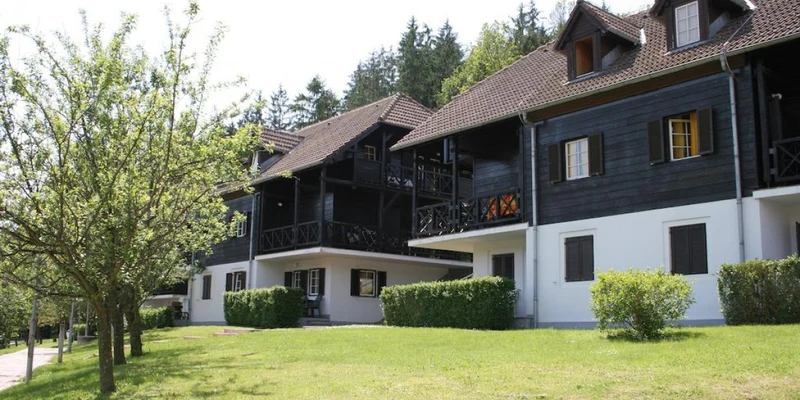Dark wooden cabins with porches under a sloped roof, surrounded by green grass and trees at Village Lipa