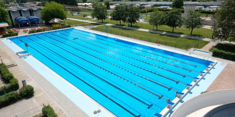 A large swimming pool with lanes, surrounded by greenery and outdoor seating at Terme Catez