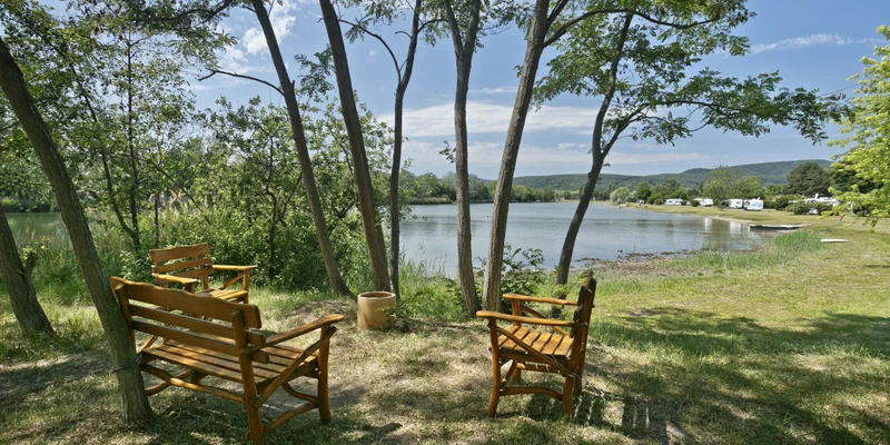 Wooden benches sit under trees, facing a peaceful lake with mountains and camping vehicles in the background at KNAUS Campingpark Bad Dürkheim
