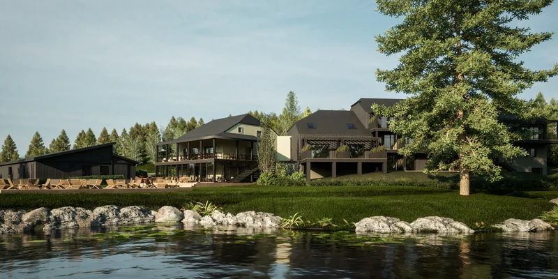 Wooden lodges nestled in trees overlooking a rocky lakeshore, surrounded by lounge chairs and greenery at Hillview Resort Grandvoir